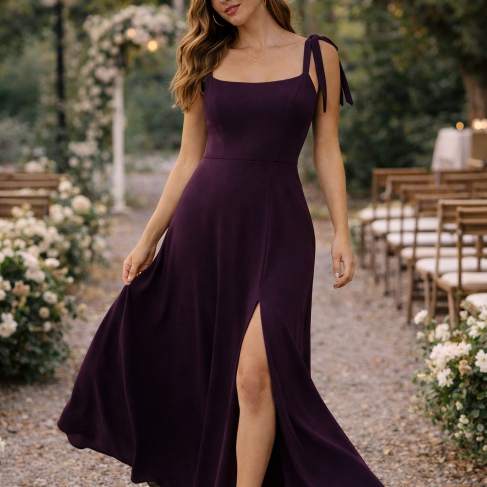 Birdy Grey Alex Crepe Bridesmaid Dress Plum Maxi Formal Slit Medium